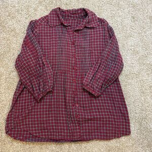 Women's smocked 3/4 length sleeve Red and Black Plaid Button-Up Shirt